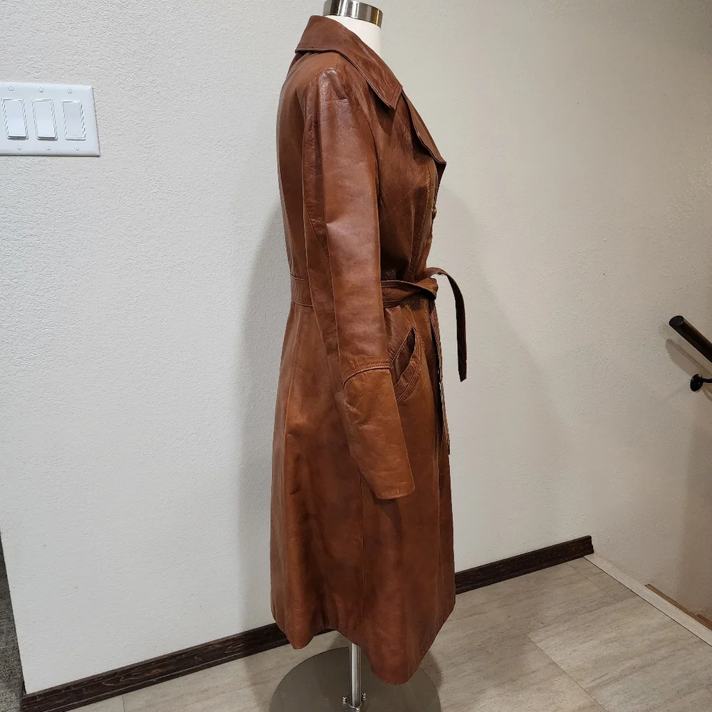 Vintage Leather Trench Coat Full Length 70s Genuine Cognac Leather size Medium - Picture 8 of 16